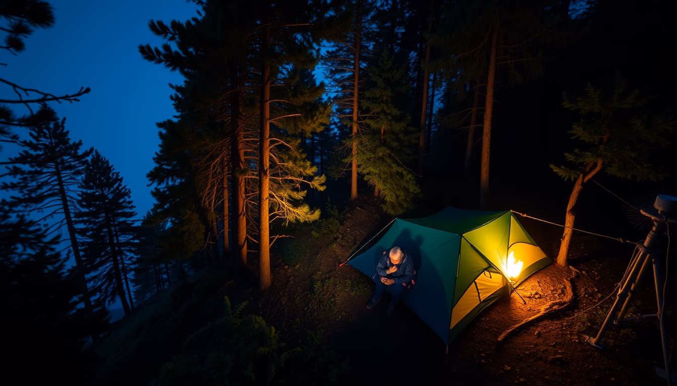 camping tent forest night in editorial style