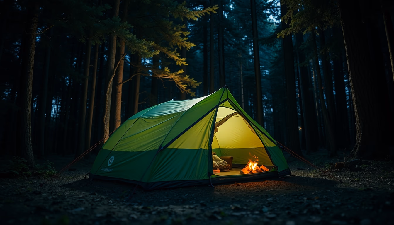 camping tent forest night in editorial style