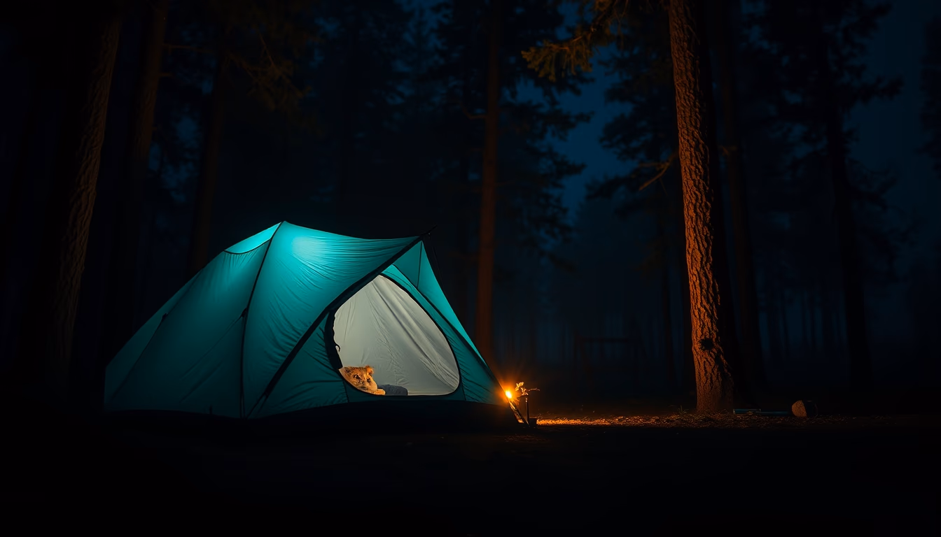 camping tent forest night in editorial style