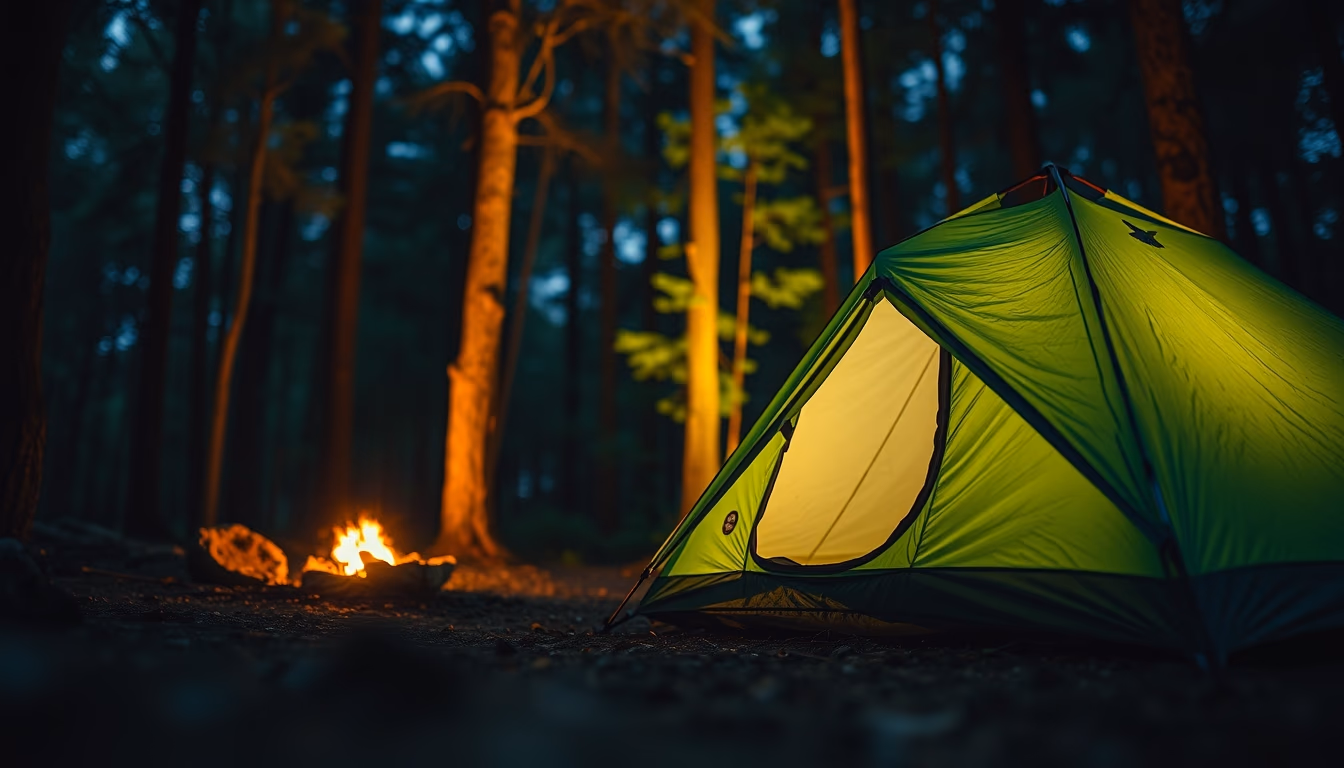 camping tent forest night in editorial style