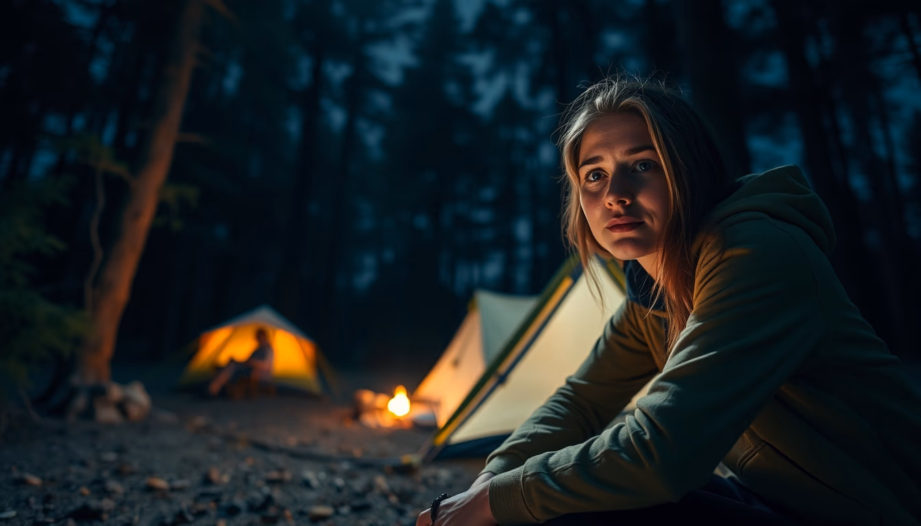 Camping tent forest night em estilo editorial