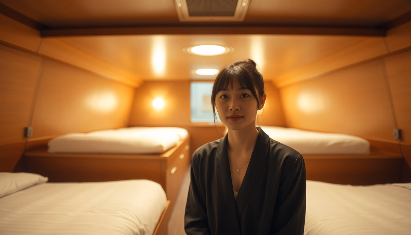 capsule hotel japan in editorial style