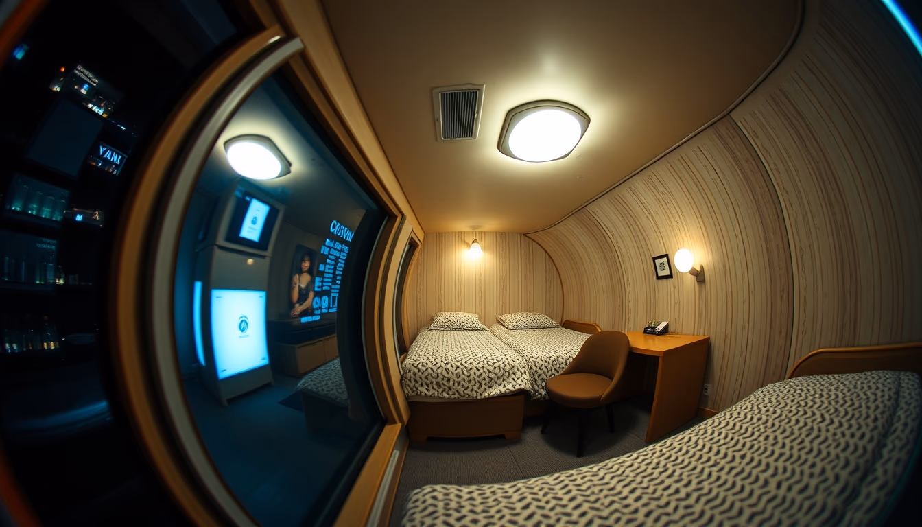 capsule hotel japan in editorial style