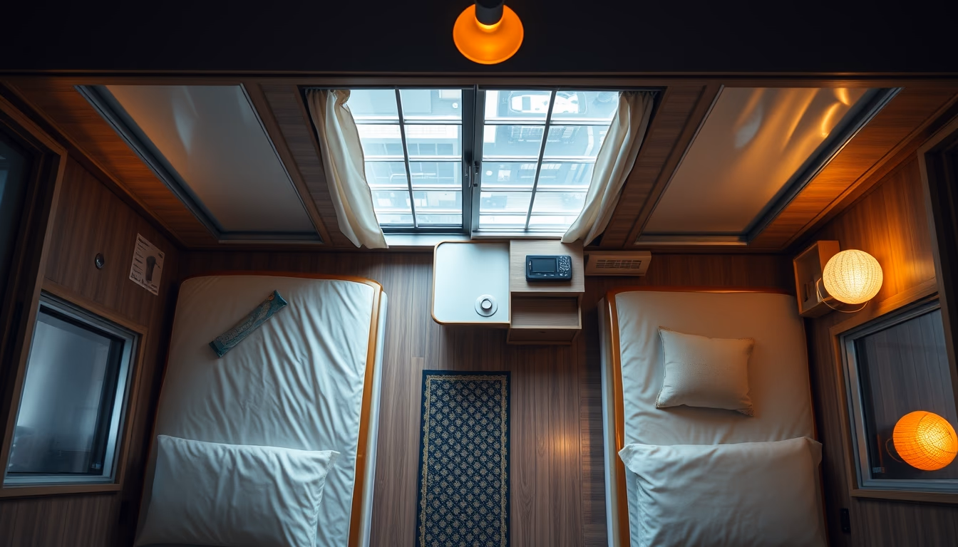 capsule hotel japan in editorial style