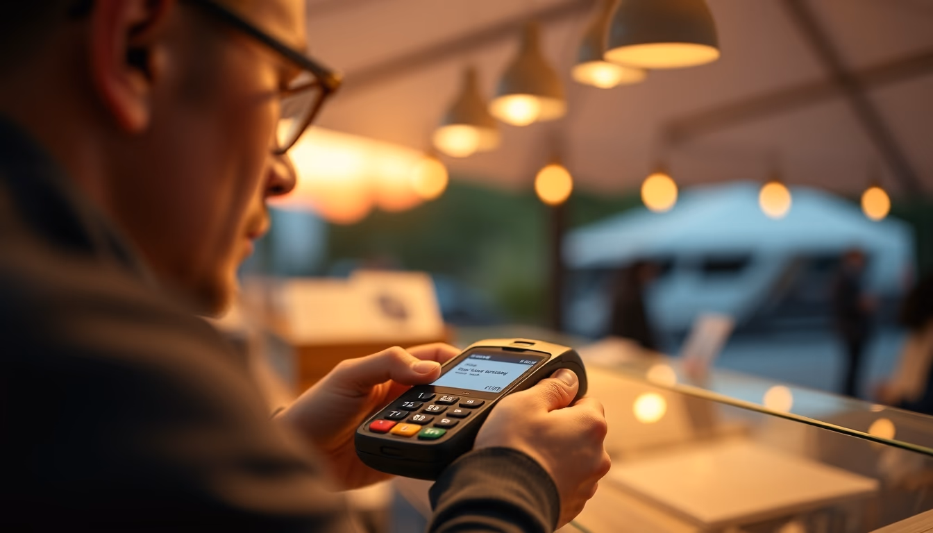 card terminal showing approved transaction on small screen in editorial style