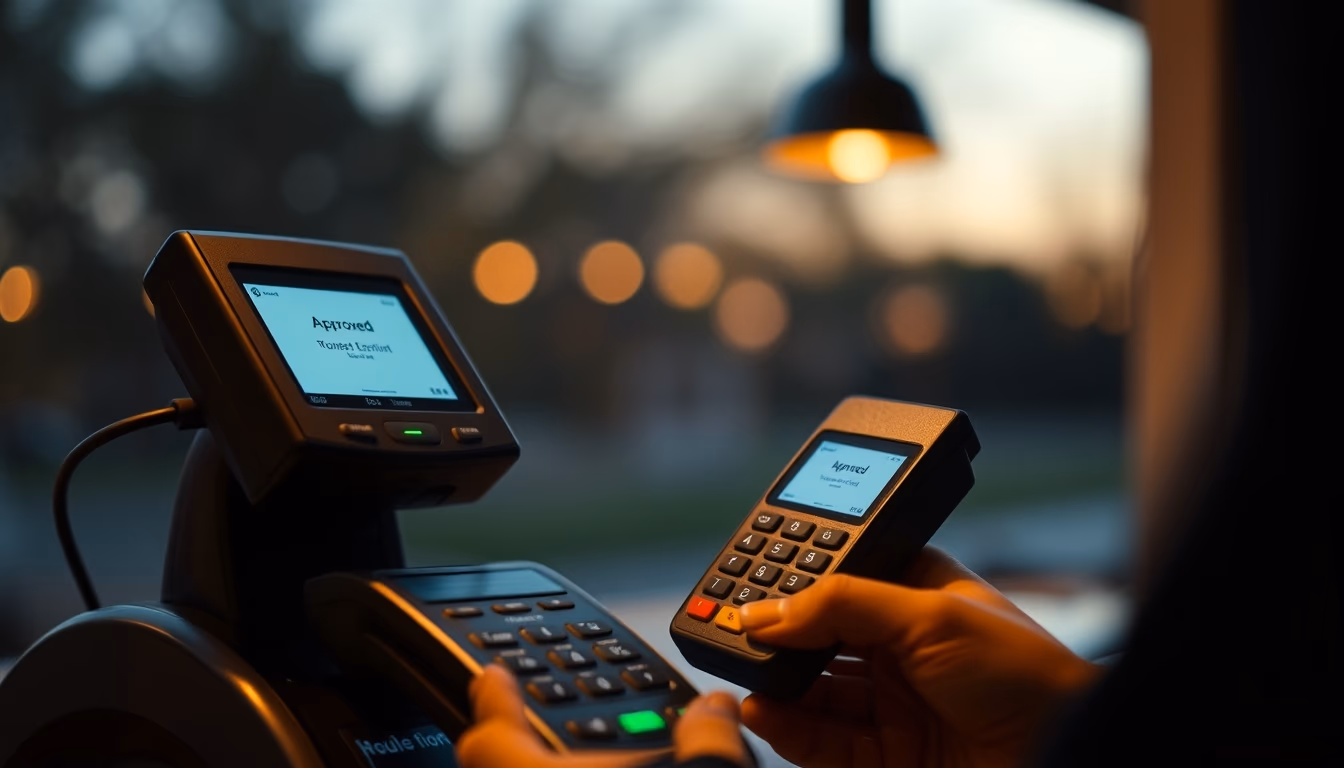 card terminal showing approved transaction on small screen in editorial style