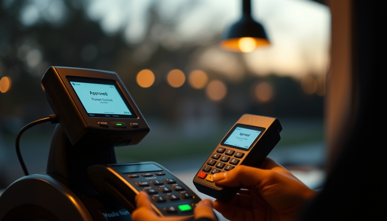 Card terminal showing approved transaction on small screen em estilo editorial