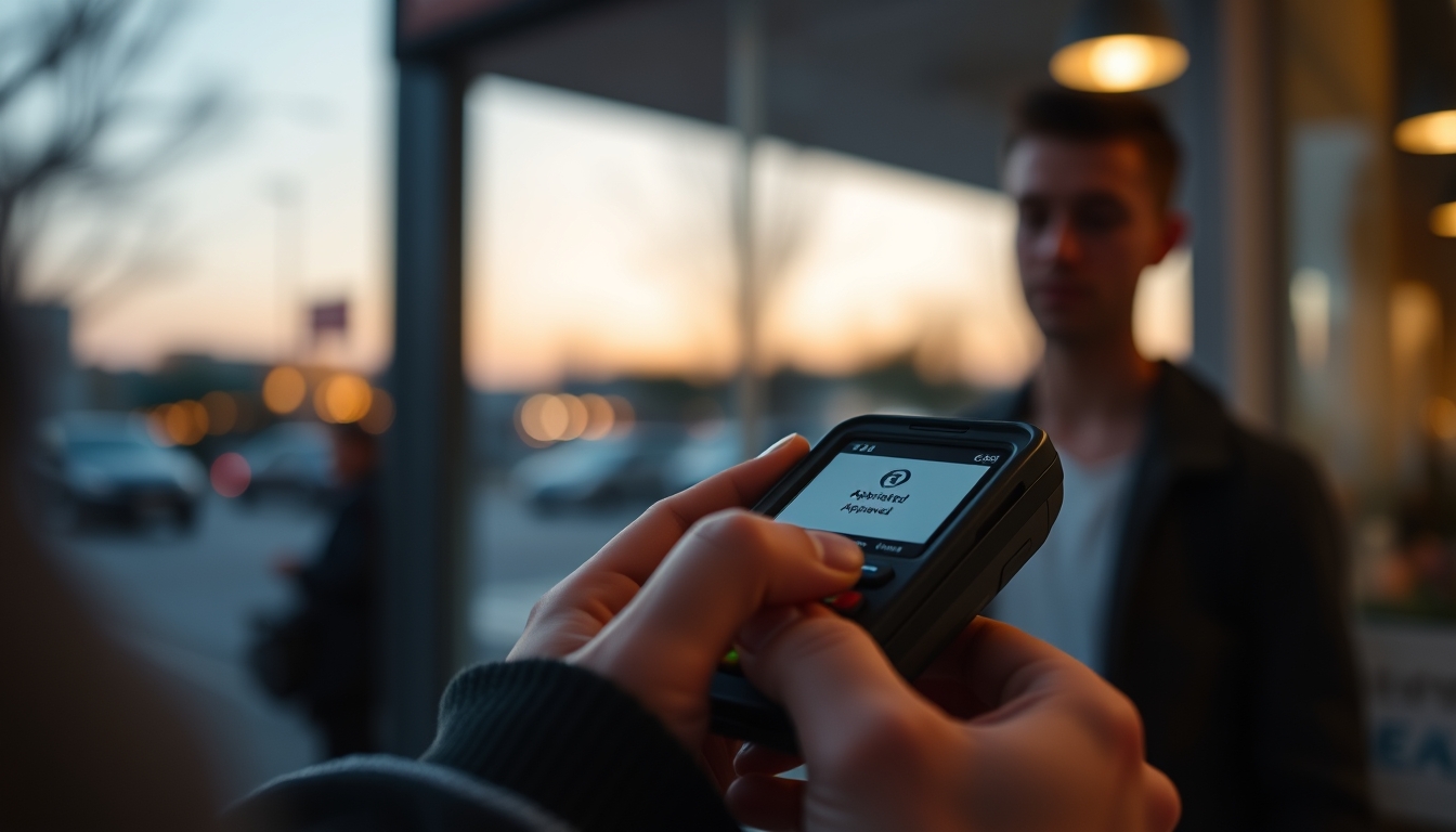 Card terminal showing approved transaction on small screen em estilo editorial