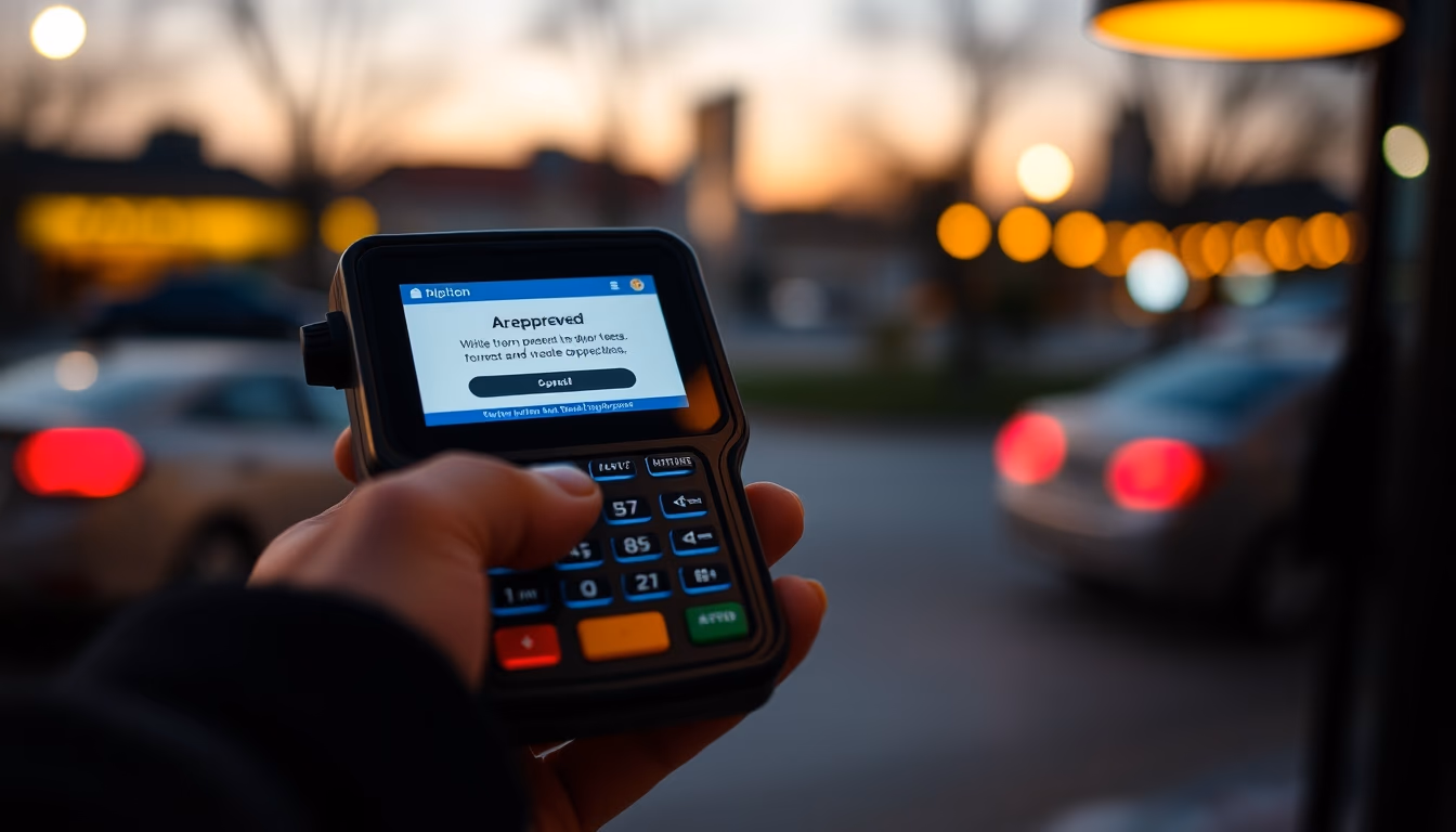 card terminal showing approved transaction on small screen in editorial style