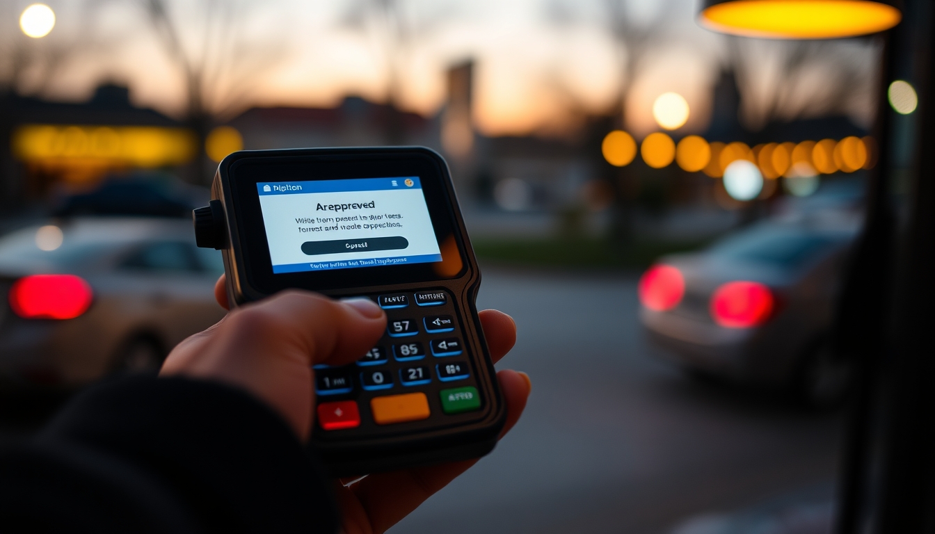 Card terminal showing approved transaction on small screen em estilo editorial