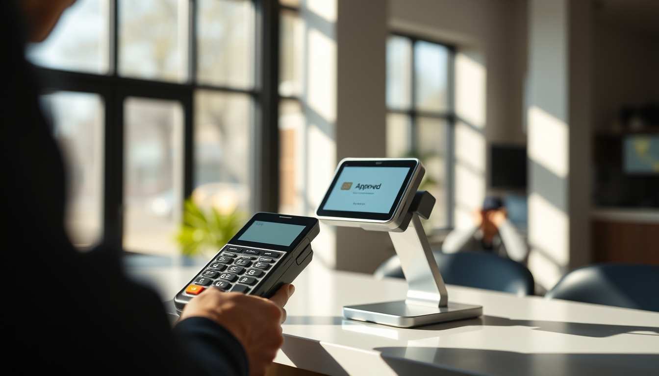 Card terminal showing approved transaction on small screen em estilo editorial