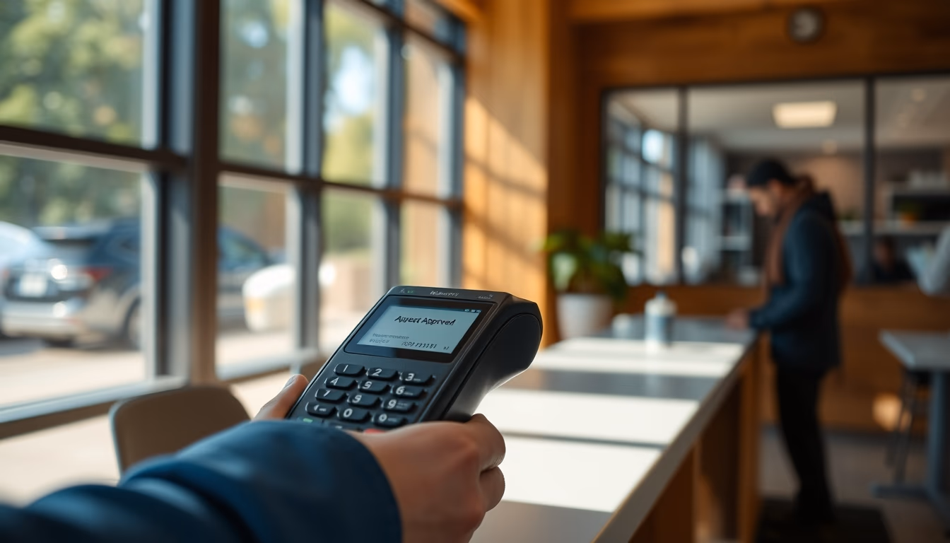 card terminal showing approved transaction on small screen in editorial style