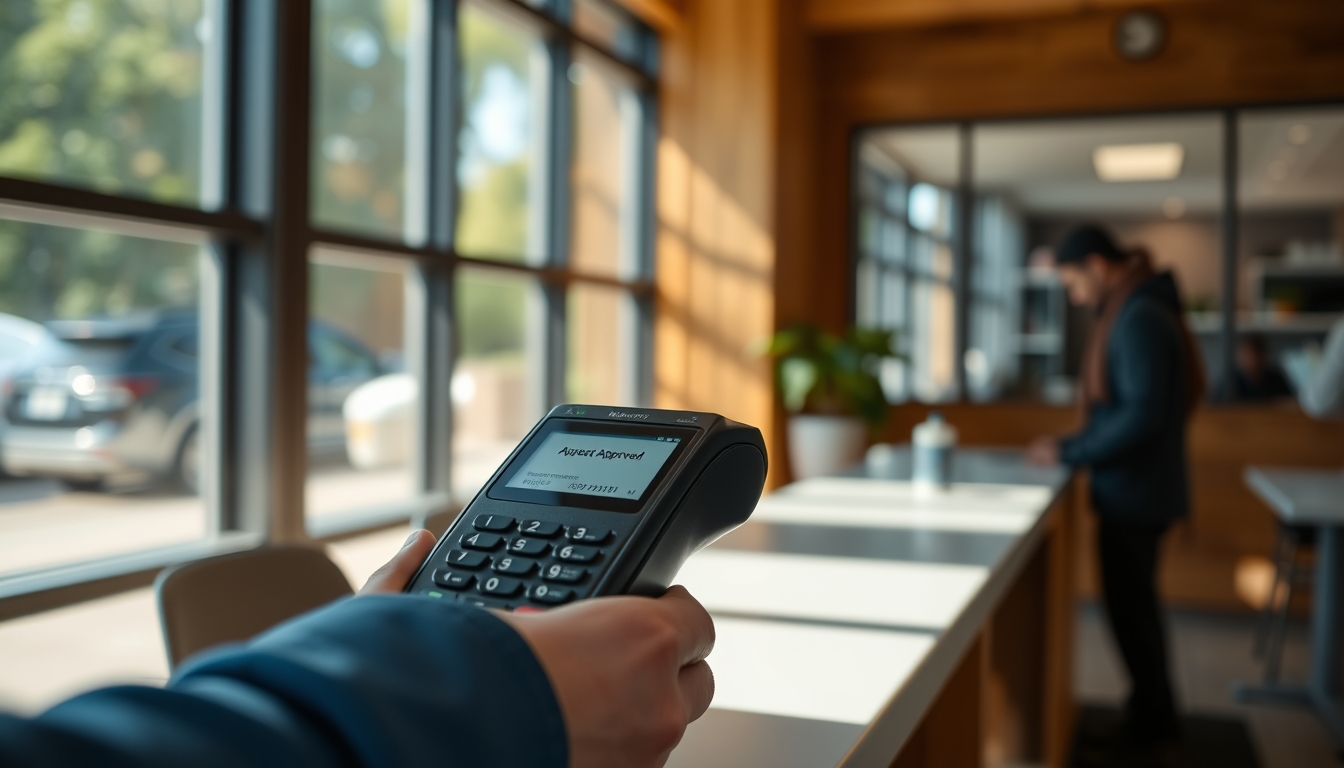 Card terminal showing approved transaction on small screen em estilo editorial