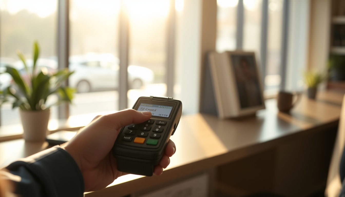 Card terminal showing approved transaction on small screen em estilo editorial