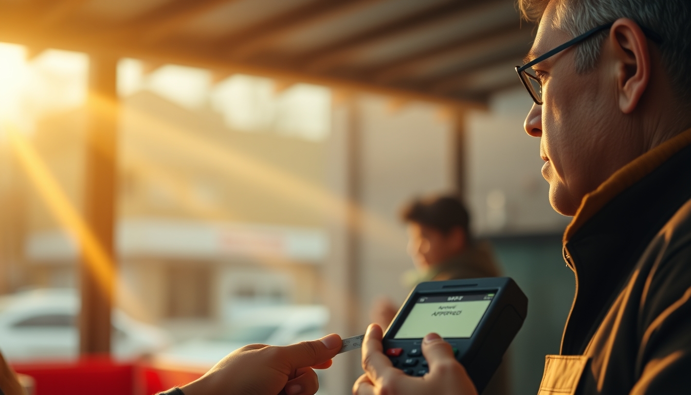 Card terminal showing approved transaction on small screen em estilo editorial