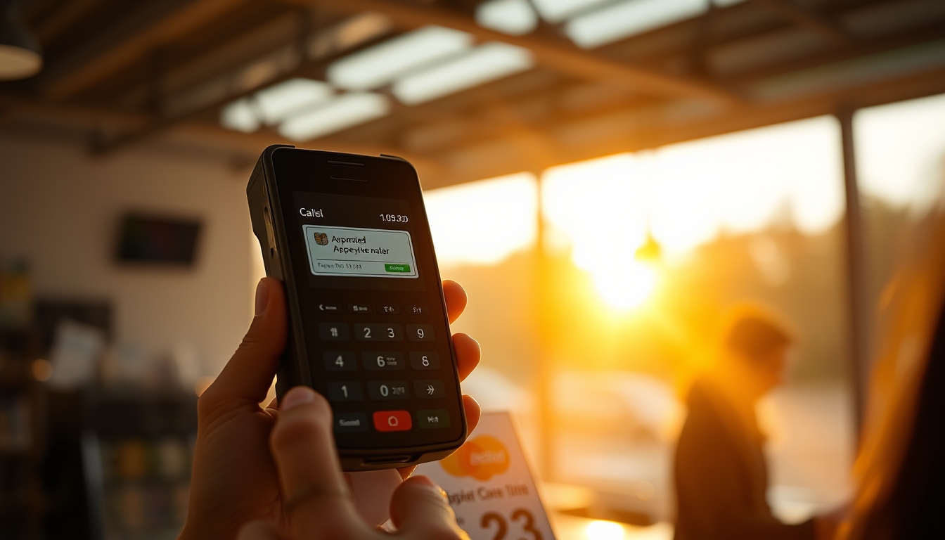 Card terminal showing approved transaction on small screen em estilo editorial