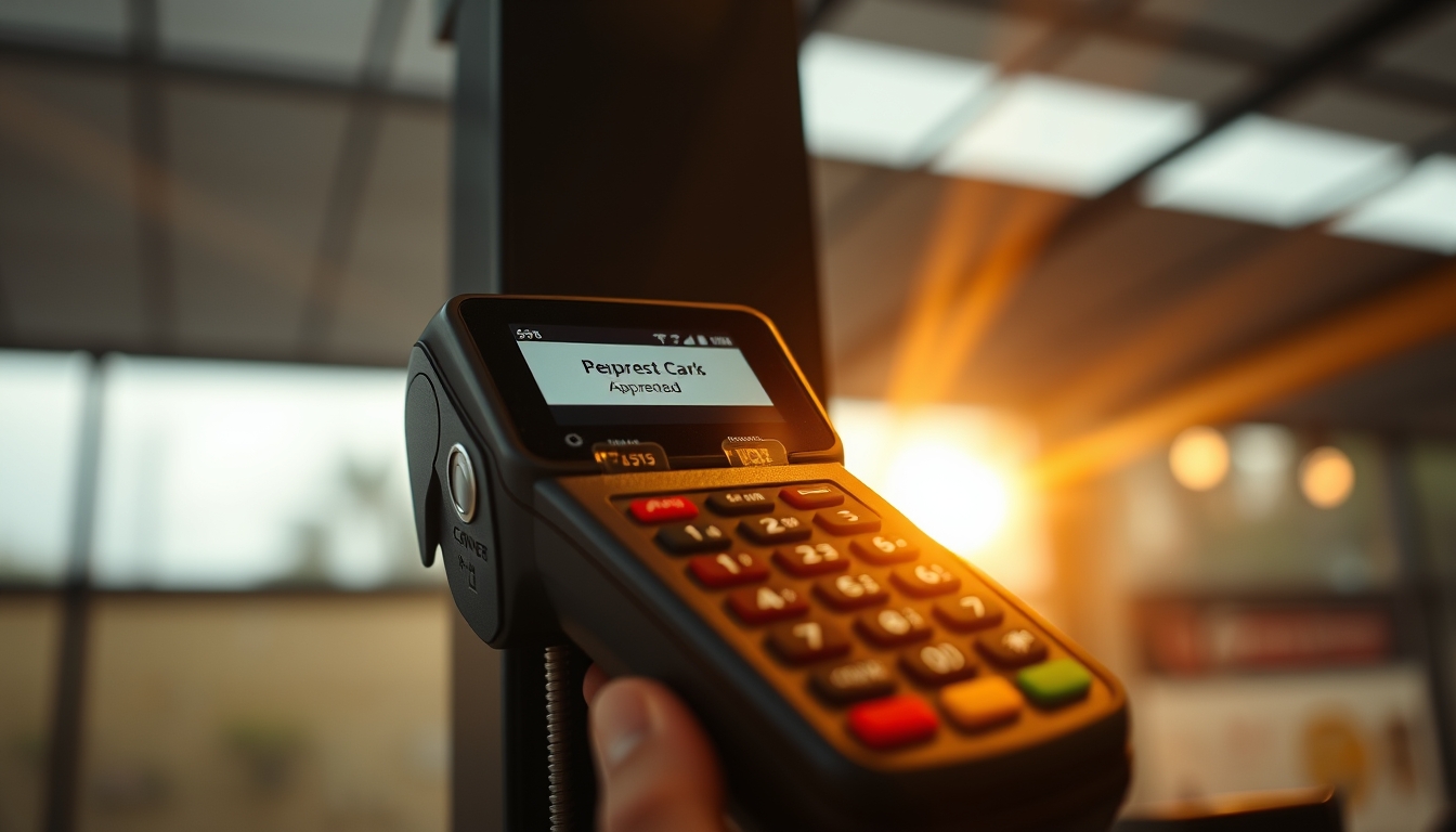 Card terminal showing approved transaction on small screen em estilo editorial