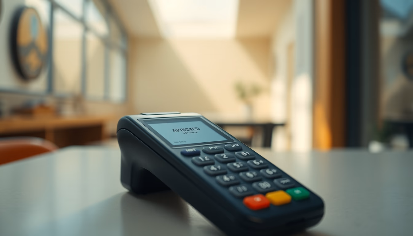 card terminal showing approved transaction on small screen in editorial style