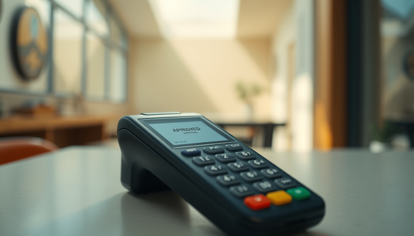 Card terminal showing approved transaction on small screen em estilo editorial