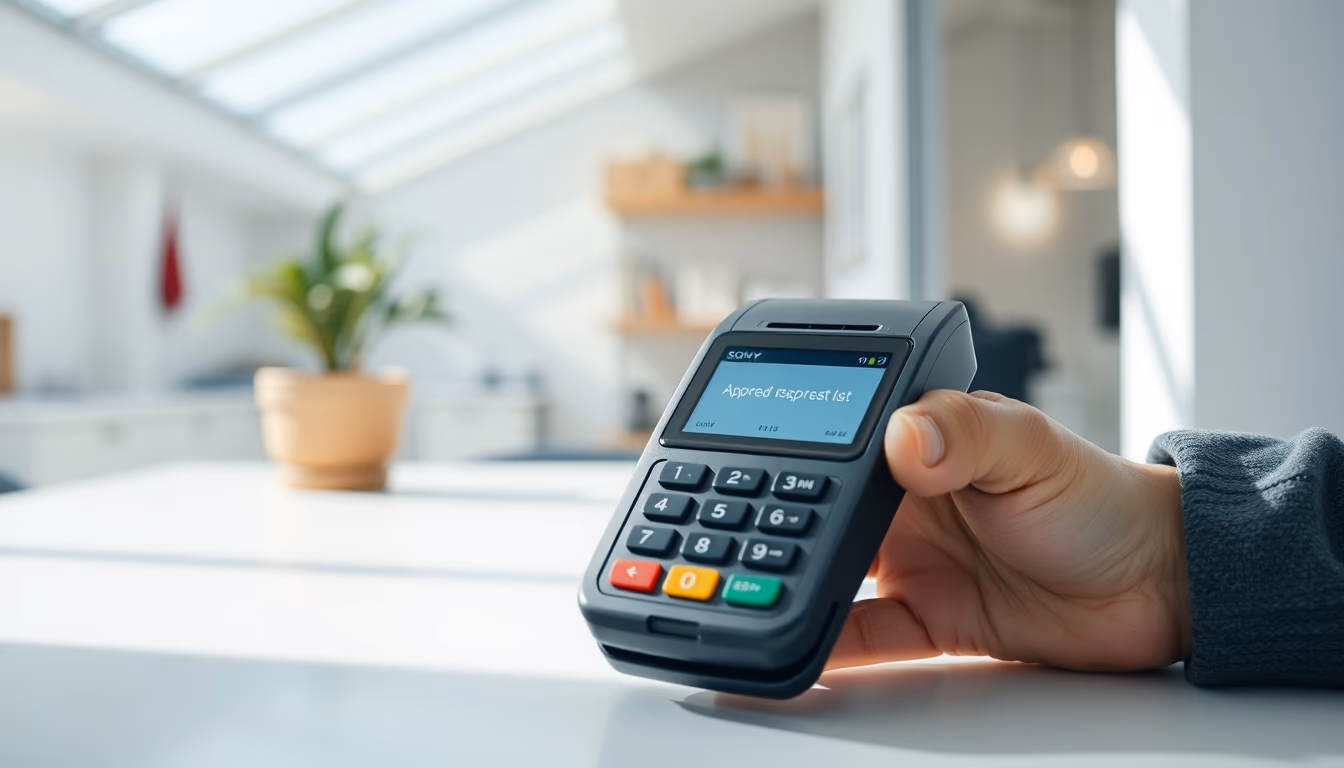 card terminal showing approved transaction on small screen in editorial style
