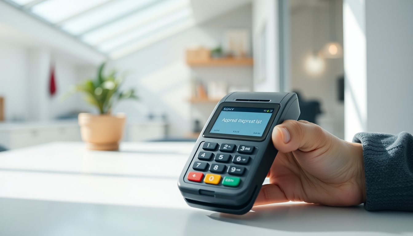 Card terminal showing approved transaction on small screen em estilo editorial