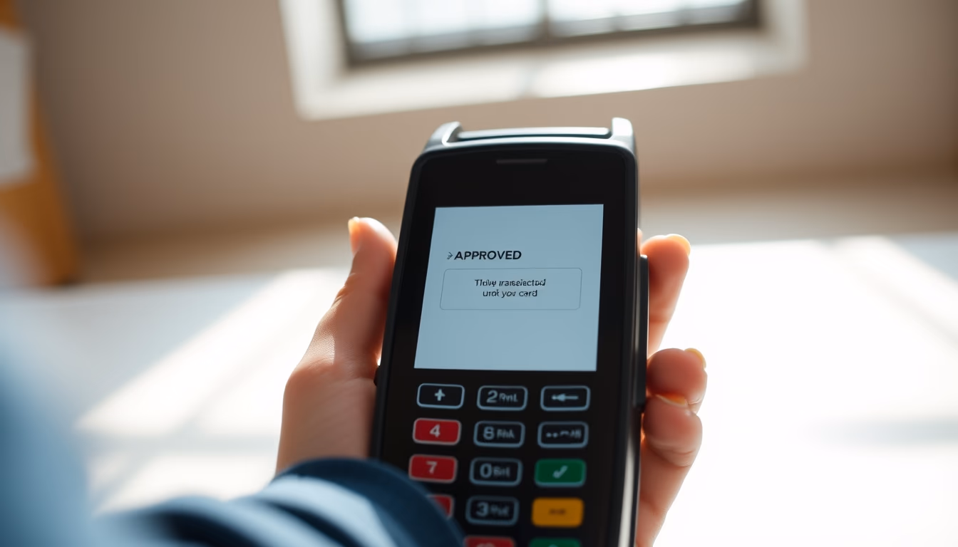 card terminal showing approved transaction on small screen in editorial style
