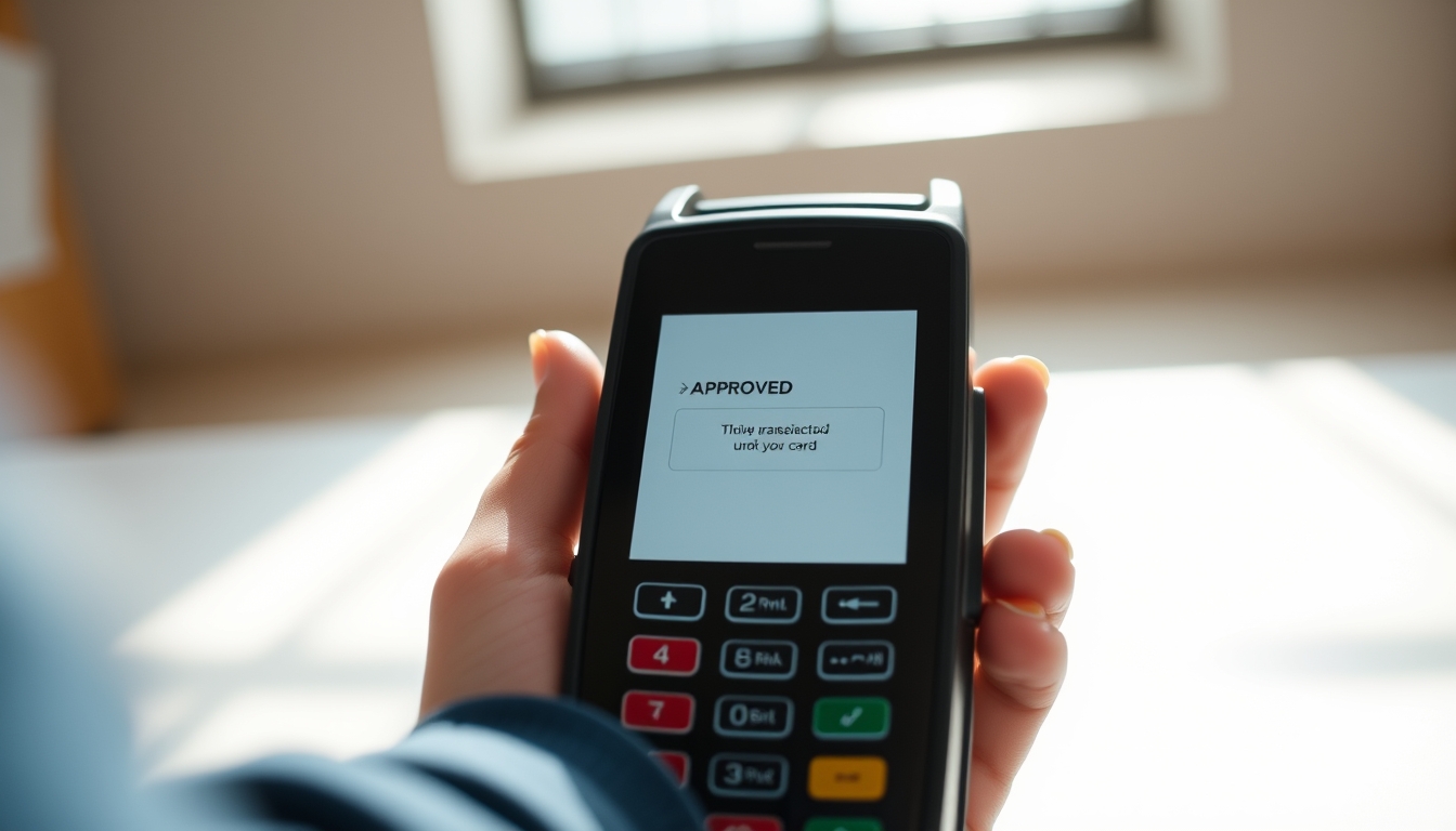 Card terminal showing approved transaction on small screen em estilo editorial