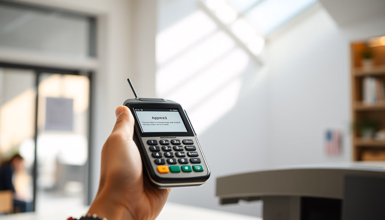 card terminal showing approved transaction on small screen in editorial style
