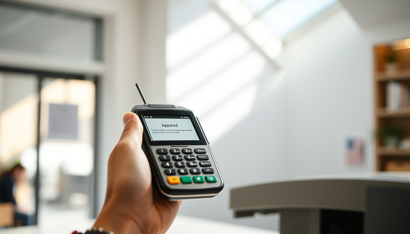 Card terminal showing approved transaction on small screen em estilo editorial