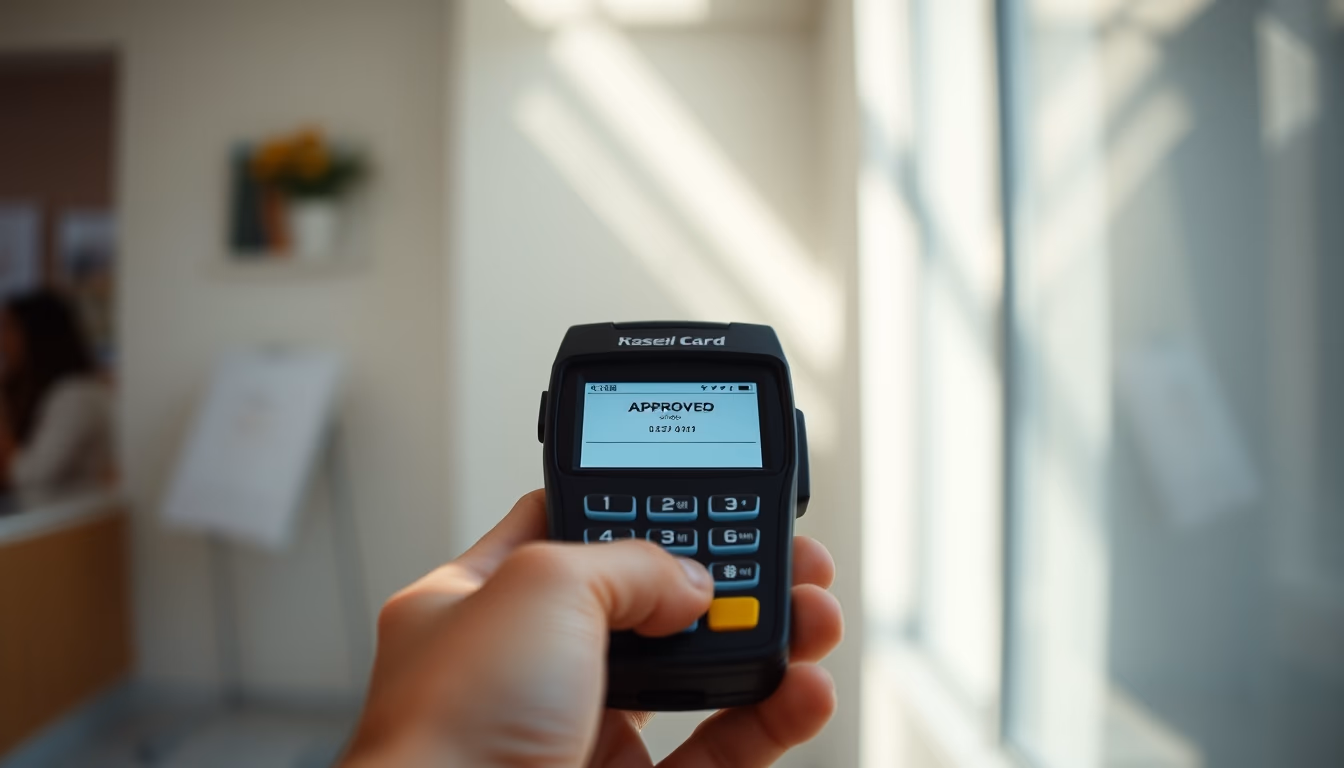 card terminal showing approved transaction on small screen in editorial style