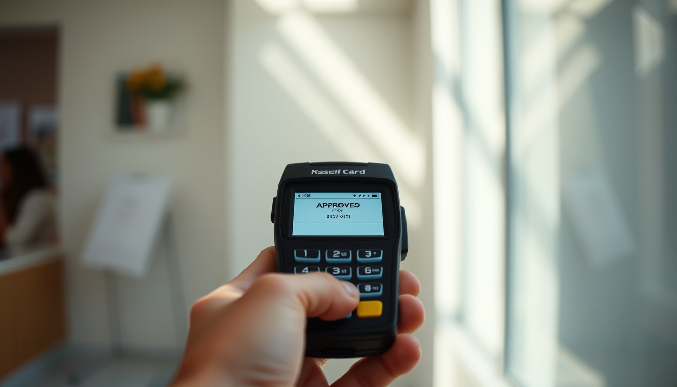 Card terminal showing approved transaction on small screen em estilo editorial