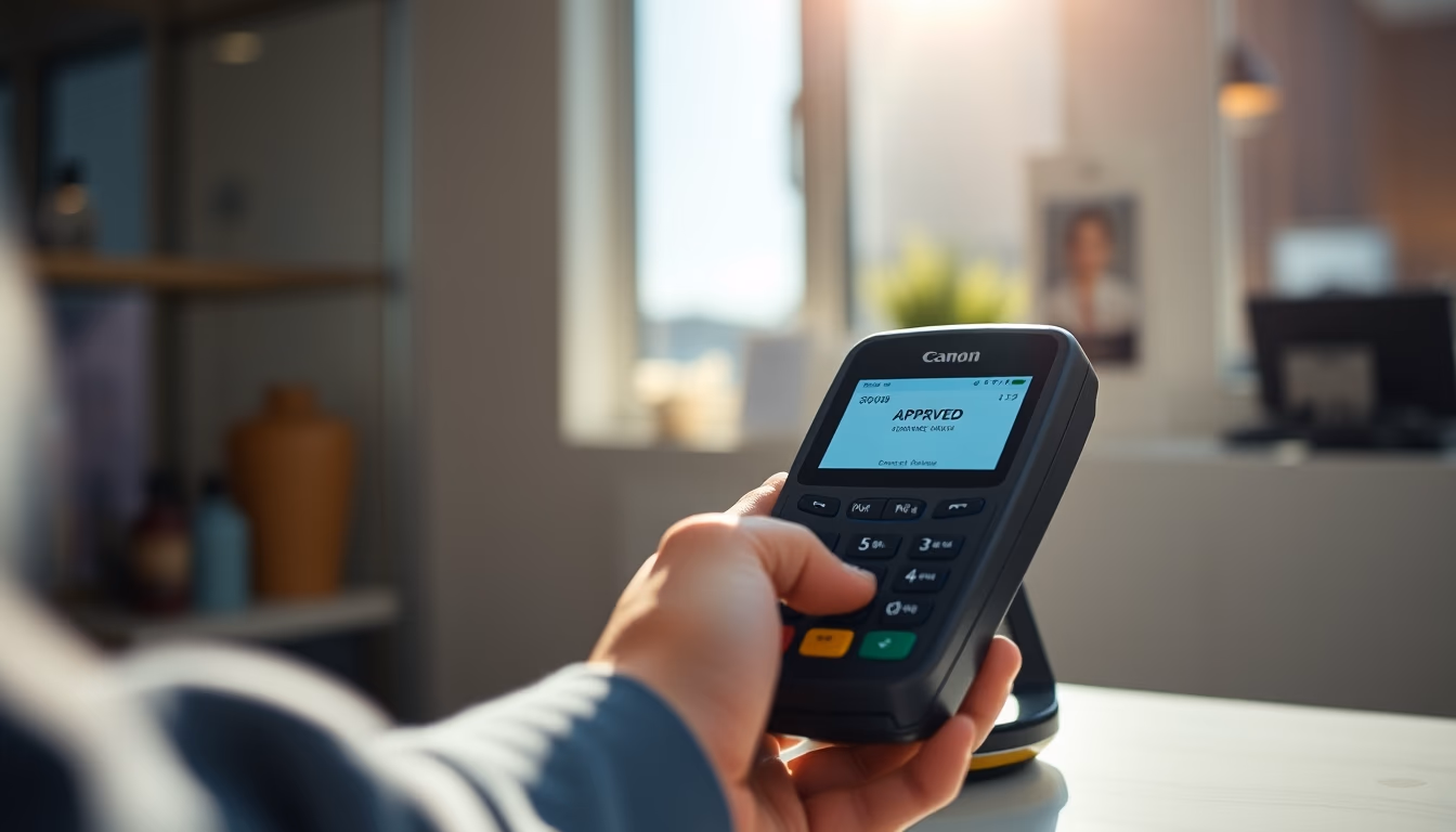 card terminal showing approved transaction on small screen in editorial style