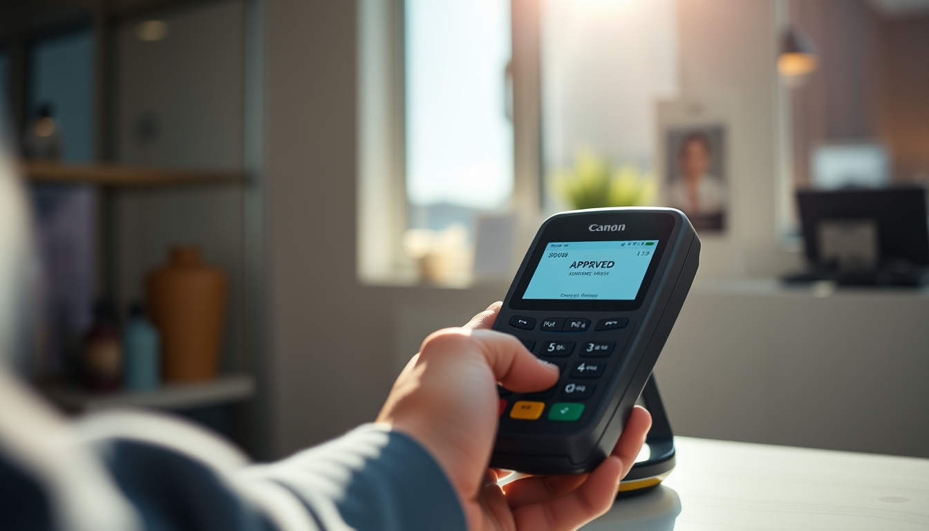 Card terminal showing approved transaction on small screen em estilo editorial