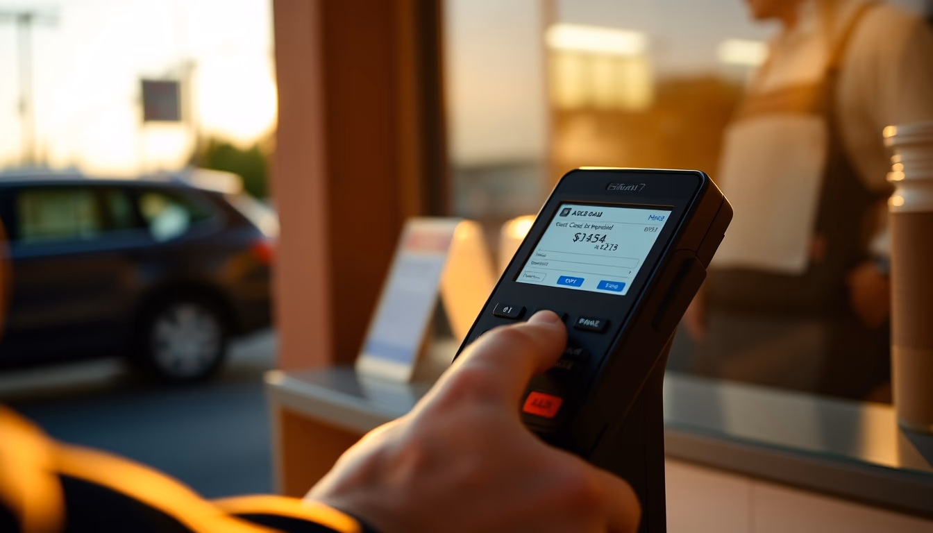 card terminal showing approved transaction on small screen in editorial style