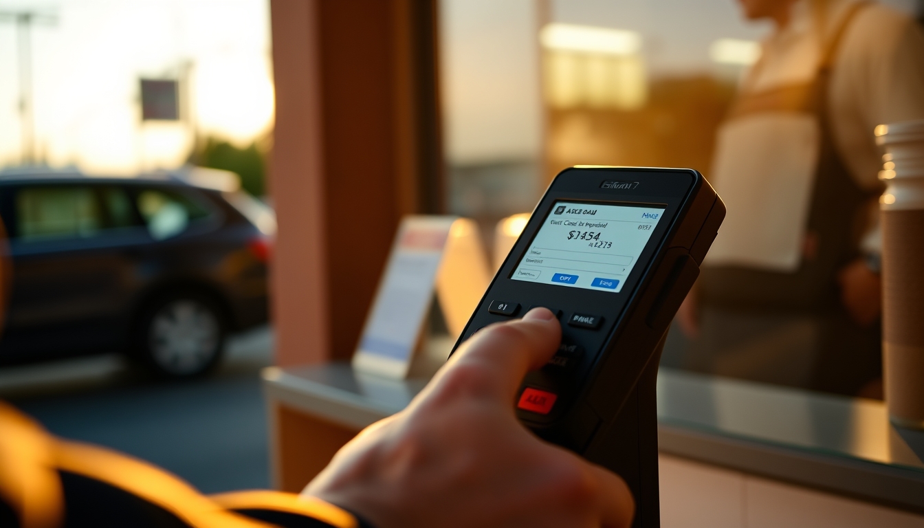 Card terminal showing approved transaction on small screen em estilo editorial