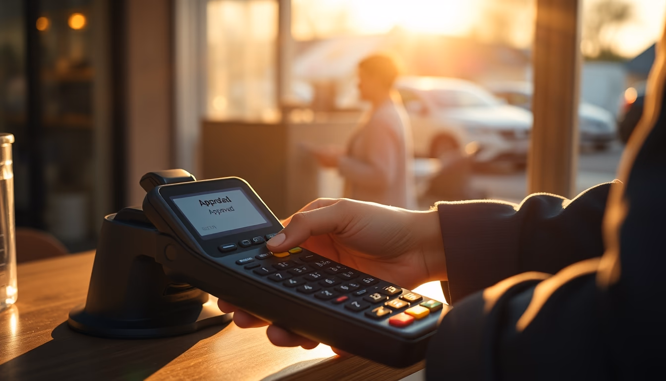 card terminal showing approved transaction on small screen in editorial style