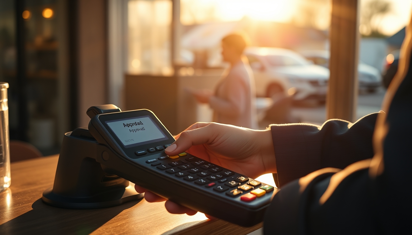 Card terminal showing approved transaction on small screen em estilo editorial