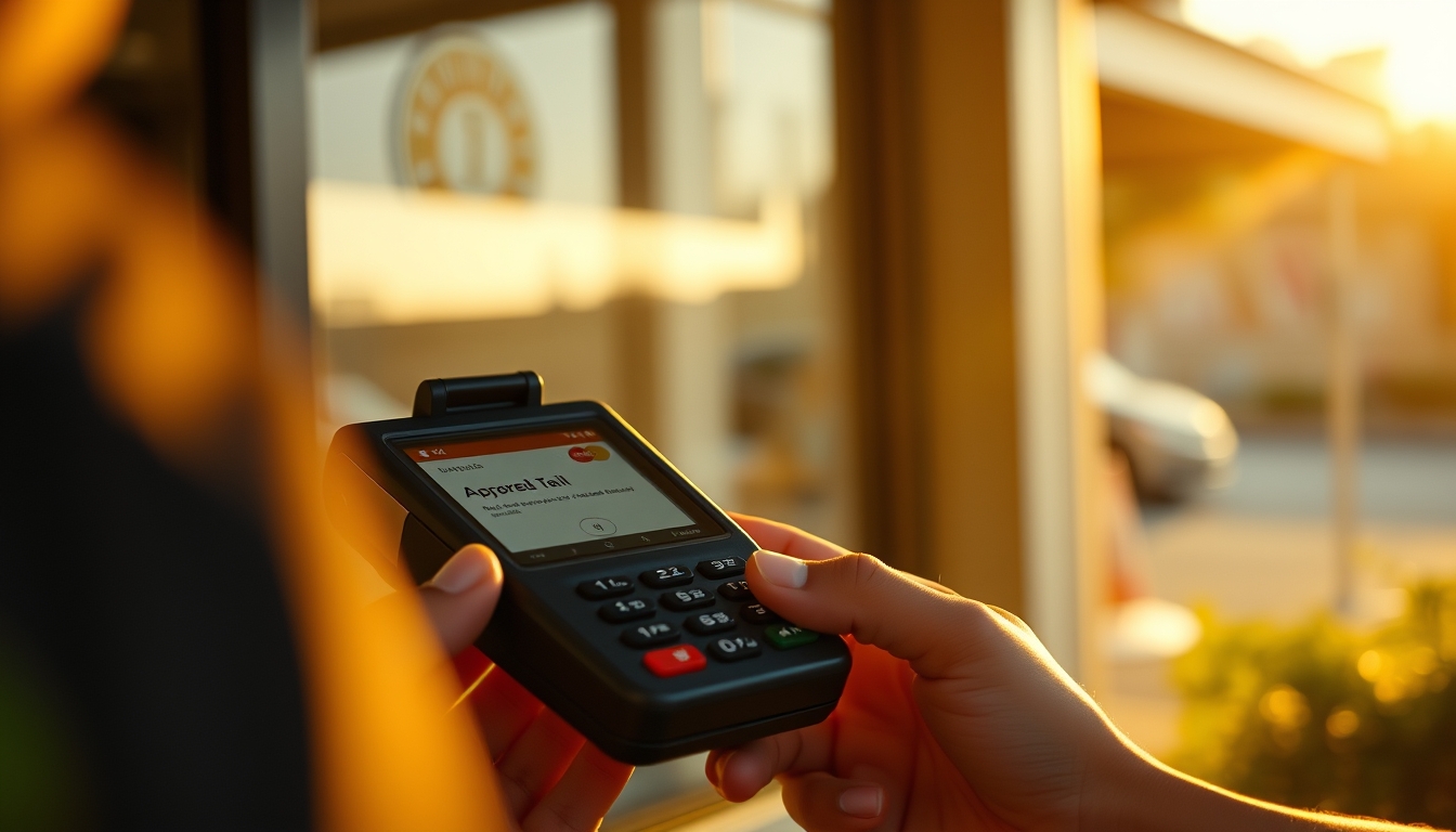 Card terminal showing approved transaction on small screen em estilo editorial