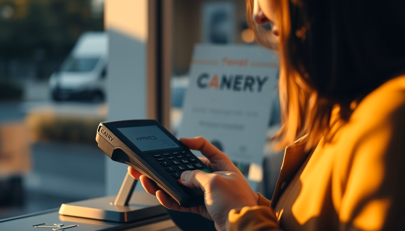card terminal showing approved transaction on small screen in editorial style