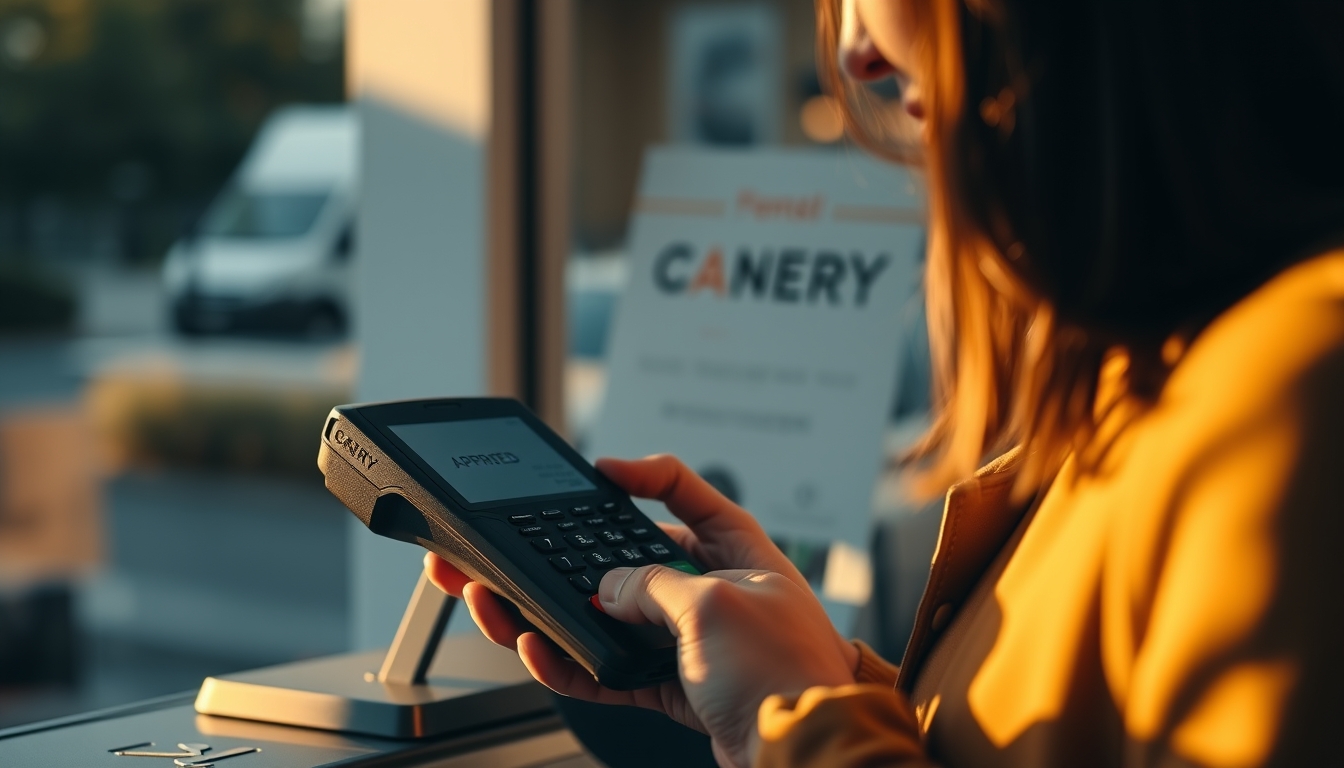 Card terminal showing approved transaction on small screen em estilo editorial