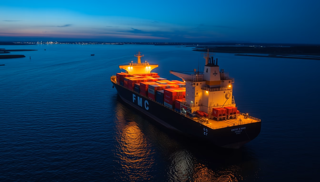 cargo ship at sunset in editorial style