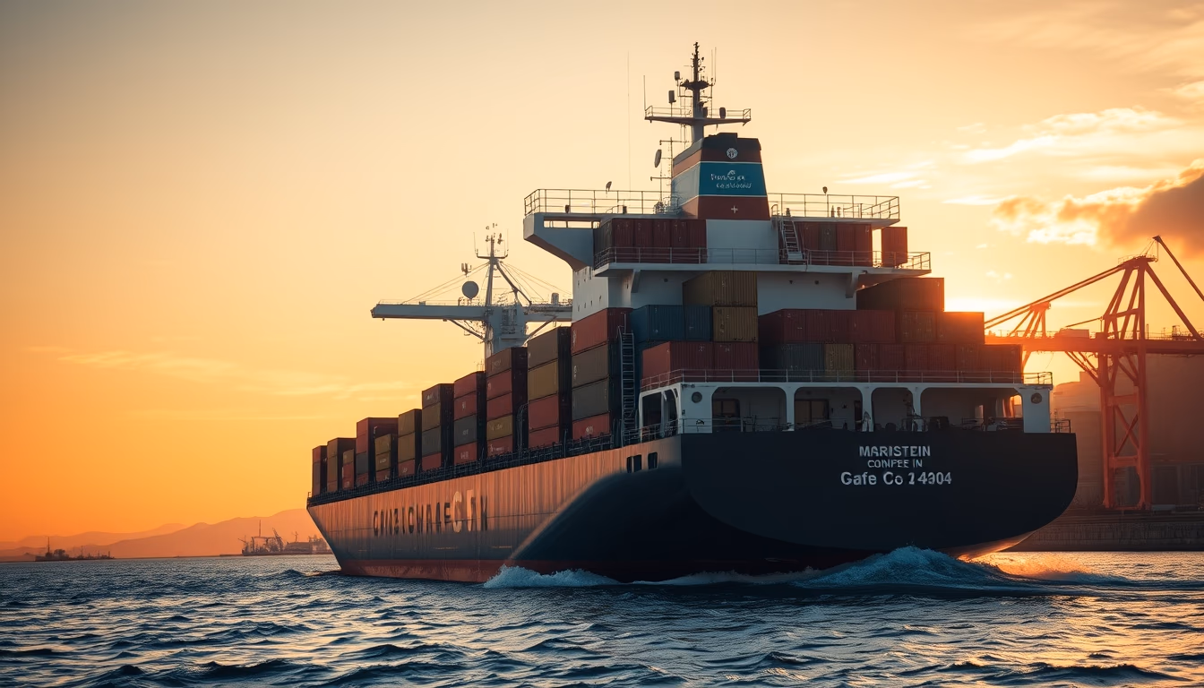 cargo ship at sunset in editorial style