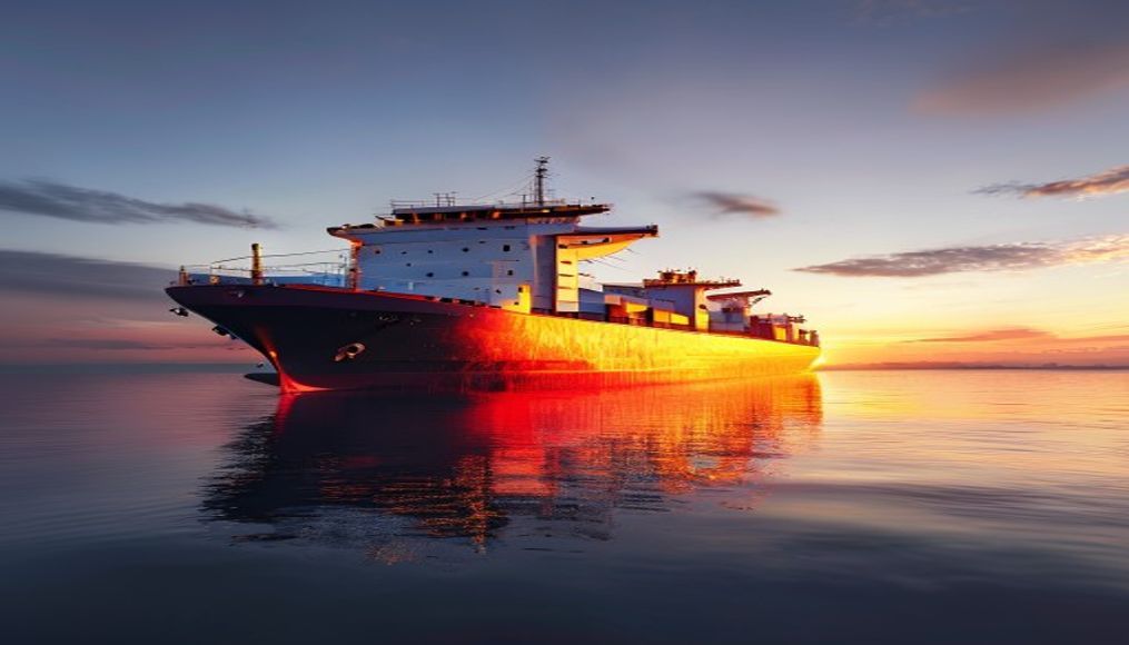 Cargo ship at sunset em estilo editorial