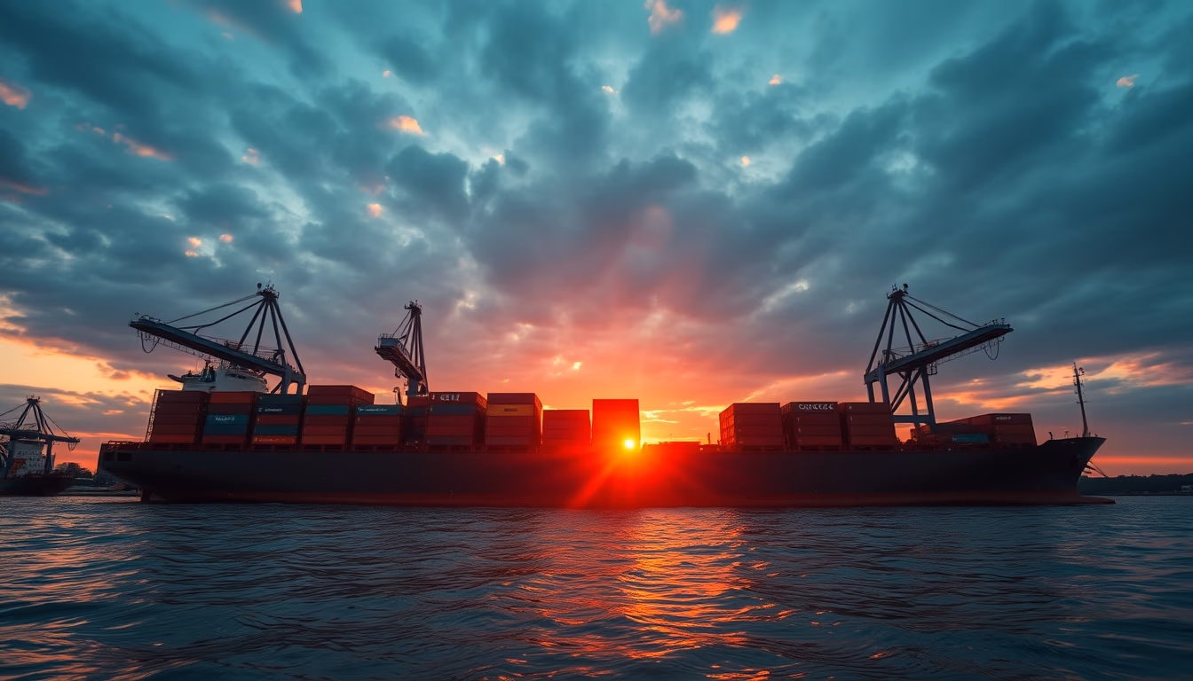 cargo ship at sunset in editorial style
