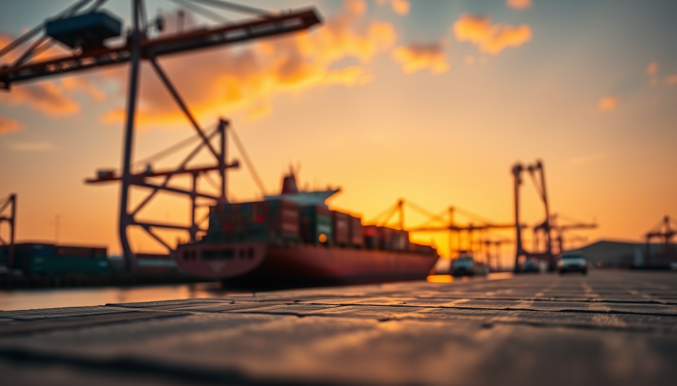 cargo ship at sunset in editorial style