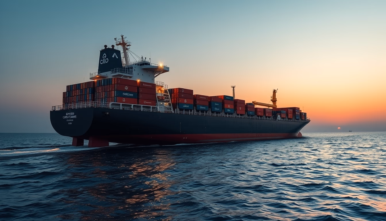 cargo ship at sunset in editorial style