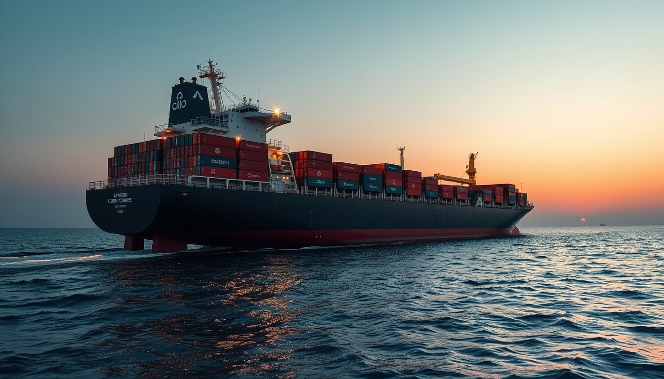 cargo ship at sunset in editorial style