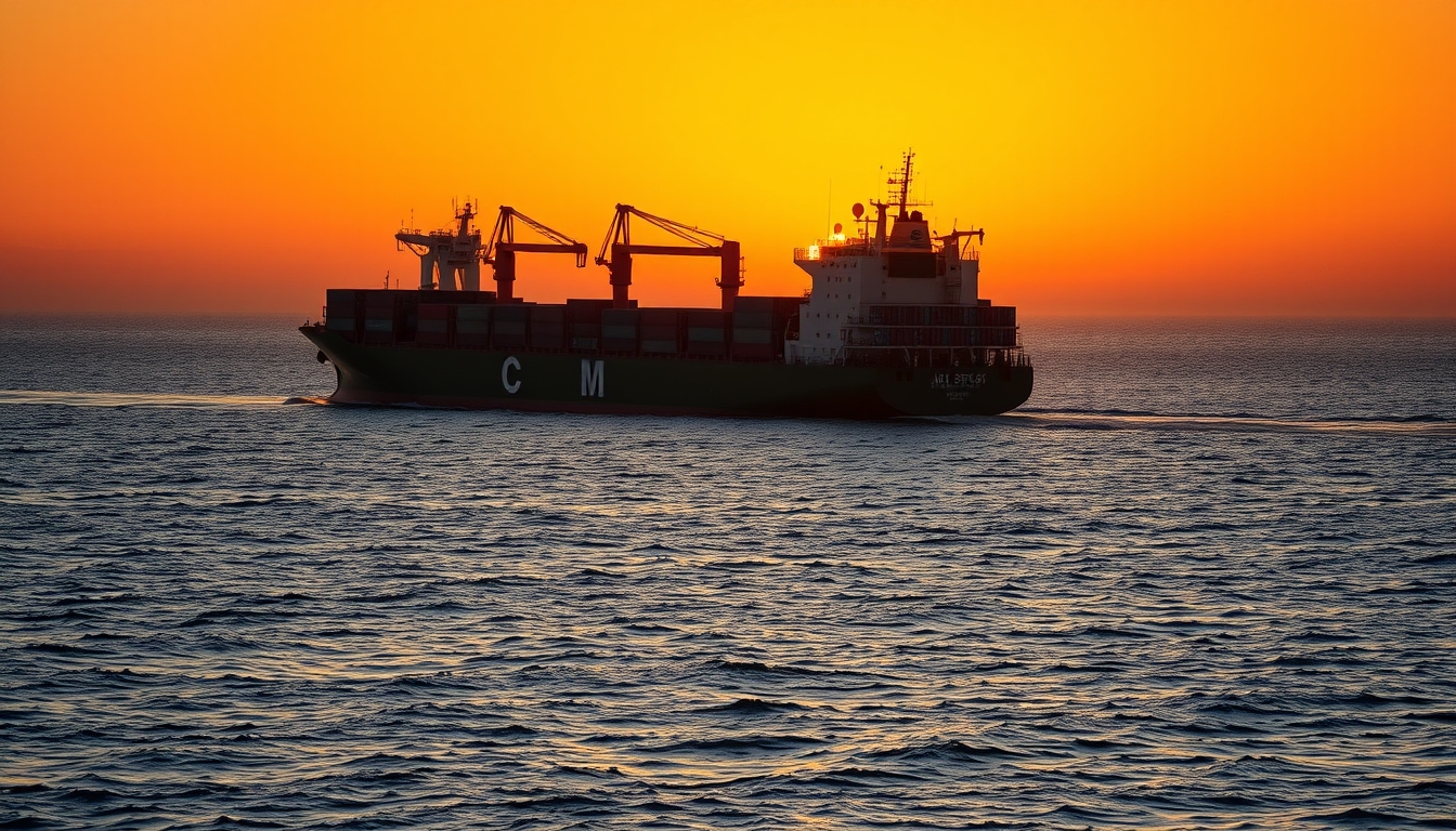 cargo ship at sunset in editorial style