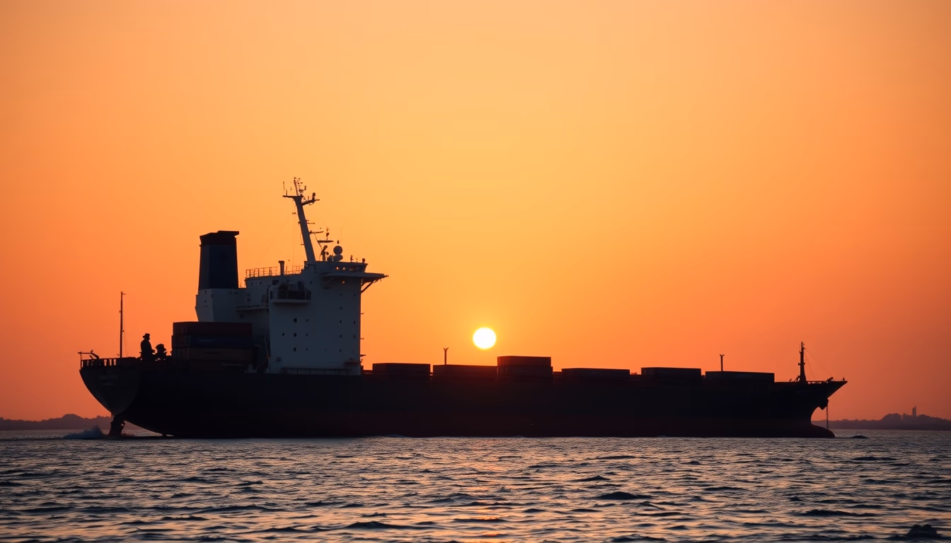 cargo ship at sunset in editorial style