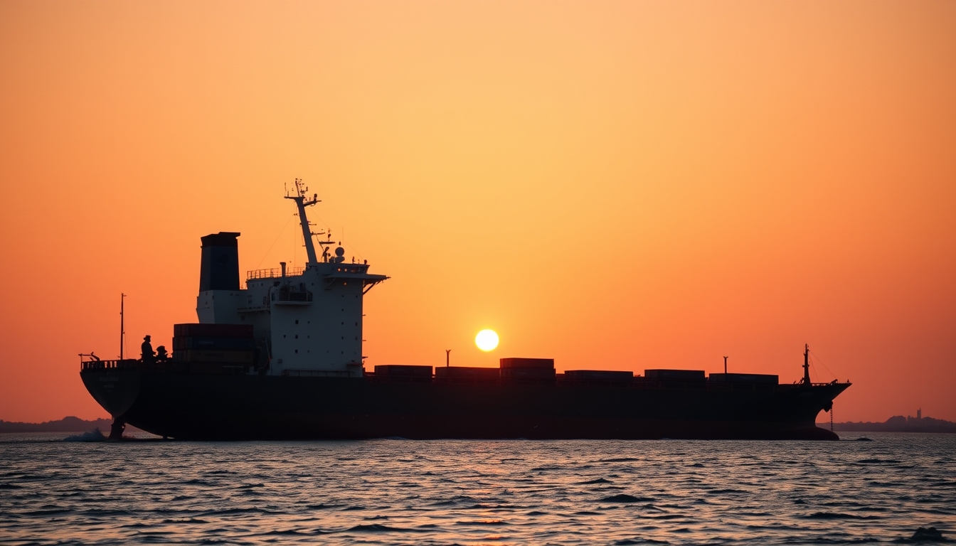 cargo ship at sunset in editorial style